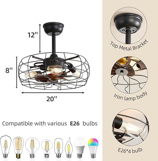 NicBex Ceiling Fan 20 Inch Ceiling Fans with Lights Caged Ceiling Fan with Blades and Remote Control Down Rod Mount Ceiling Fans for Bedroom, Living Room, Black