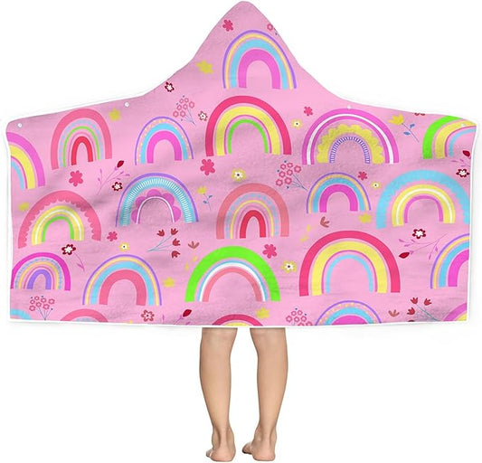 Rainbow Hooded Beach Towel for Kids Girls, Cute Unicorn Bath Towel with Hood, Pink Magic Rainbow Microfiber Super Absorbent Soft Poncho Bathrobe for Swin Pool 30”x50”