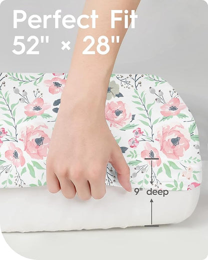 Baby Crib Sheets Girl, TotBasic Premium Soft Crib Mattress Sheet, Ultra Breathable Floral Crib Sheet Fitted, Super Stretchy Jersey Cotton Crib 28" x52‘’x9'' Extra Deep Pocket