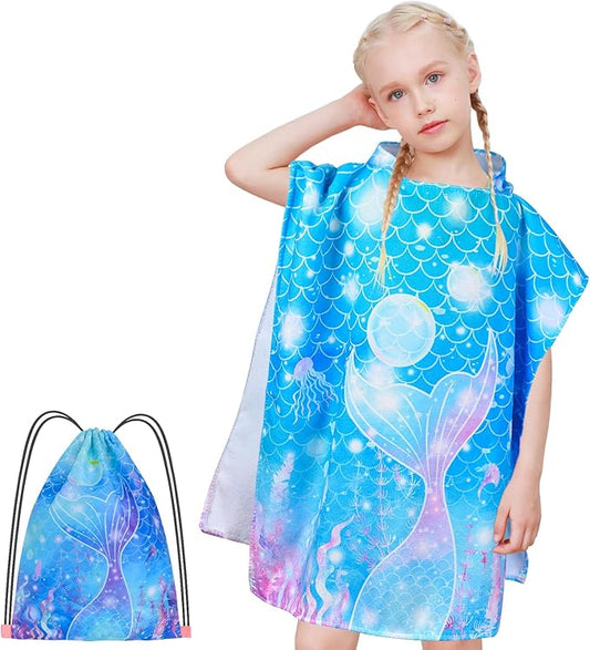 Kids Beach Towels for Girls, Unicorn Hooded Beach Pool Towels for Kids, Ultra Soft & Super Absorbent Kids Toddler Poncho Towels for 3-8 Years, 24"x24" (Blue Mermaid)