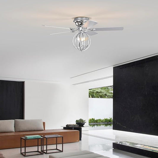 NicBex Ceiling Fan 52 Inch Ceiling Fan with Lights Ceiling Fans with 5 Blades and Remote Control Ceiling Fan with Round Lamp Shade for Bedroom, Living Room, Silver