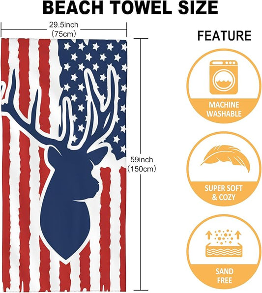 Beach Towel, Hunting Deer USA Flag Beach Towel Oversized Sand Proof Absorbent, Quick-Dry Bath Pool Swim Towel for Shower Spa Vacation, 29.5” X 59”