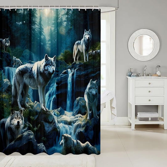 Feelyou Wolf Bath Curtain Wolves Howling Shower Curtain for Kids Silent woles Bathroom Shower Curtain Set Animal Wolves Kids Bathroom Accessories 72"x72"