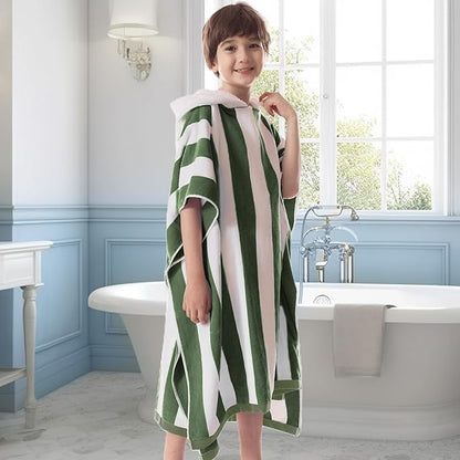 VOOVA & MOVAS Teens Hooded Towel Poncho | Soft, Absorbent Cotton Towel Robe | 8-16Years | Versatile for Pool, Swim,Beach and Bathroom | Hunter Green Cabana Stripe