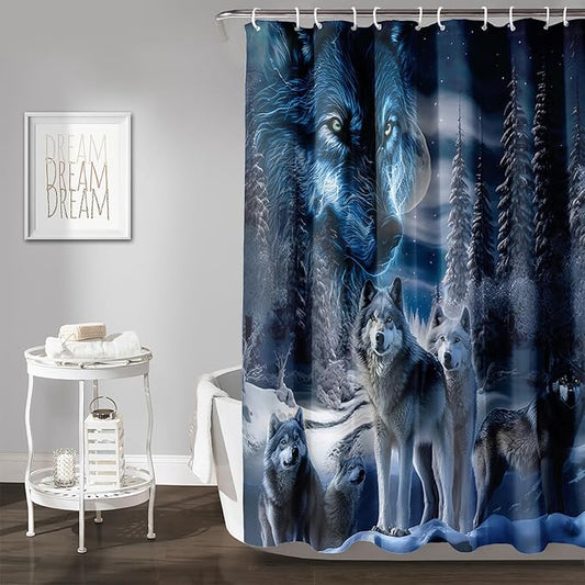 AILONEN Boys Snow Wolf Shower Curtain for Bathroom Decor,3D Night Galaxy Starry Wolf Decor Bath Curtain 60" W*72" H Polyester Fabric Waterproof Bathroom Curtain with 12 Hooks