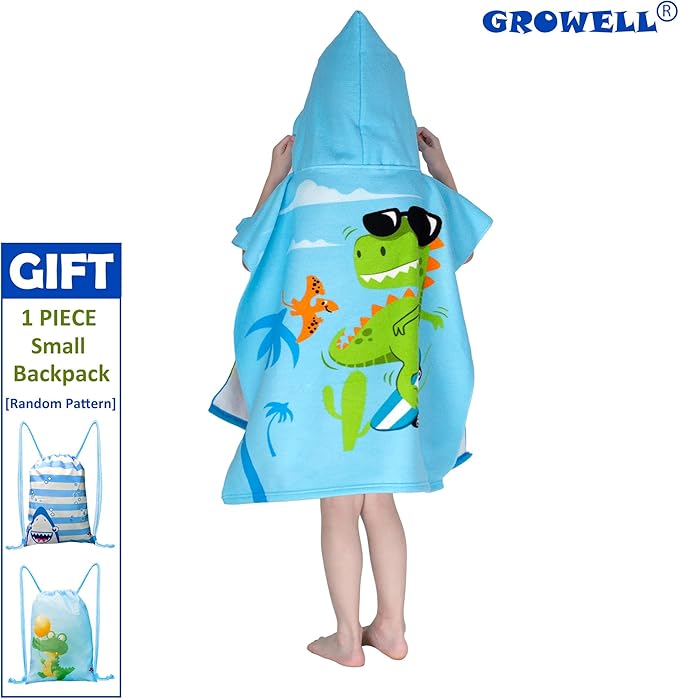 Hooded Kids Beach Towels - Toddler Bath Towel Girls Boys Swim Cover-ups for Ages 4 to 10 Kids Pool Towels Quick Dry Lightweight Soft Microfiber Poncho 30x30 with Bag (Dino Skating)
