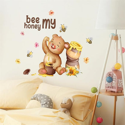 Cute Bear Bees Honey Jar Wall Stickers, sacinora Sunflower Cartoon Animal Bee My Honey Wall Decals Removable Vinyl Peel and Stick for Kids Baby Nursery Bedroom Kitchen Art Decoration