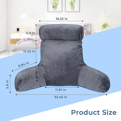 COOLBEBE Reading Pillow for Bed Backrest Pillow for Bed Sitting Up Adult with Arms Grey Back Support Pillow with Headrest & Pockets, Removable Washable Cover and Detachable Neck Roll(Standard 18")