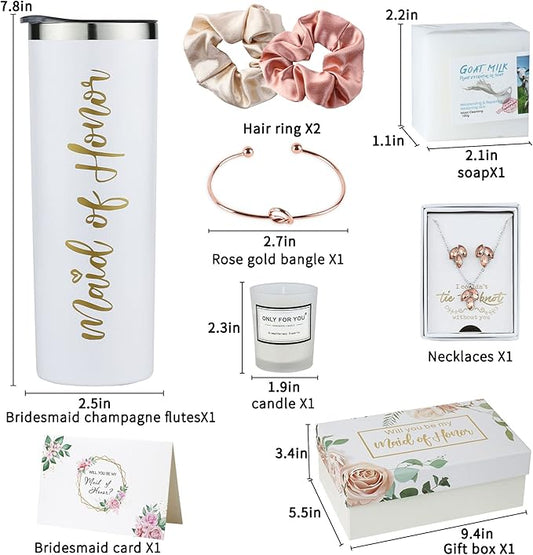 Maid Of Honor Proposal Gifts Set-Will You be My Maid Of Honor Gift Box, Wedding Engagement Gifts,Bachelorette Party Bridal Showers gifts,Maid Of Honor Jewelry sets, Spa Gifts (White)