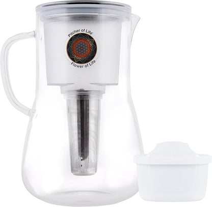 Borosilicate Glass Alkaline Water Pitcher of Life with Stainless Steel Fruit infuser Glass Water Filter Pitcher with Lid Clearly Filtered Water Pitcher Increases pH NSF/ANSI 42 & 61 Certified Filters