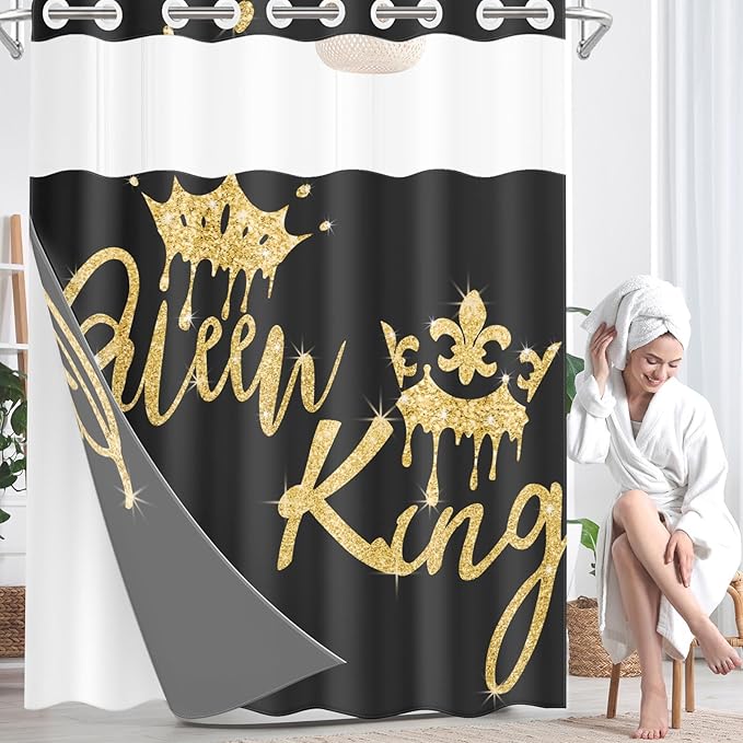King and Queen No Hook Shower Curtain with Snap in Liner, Black and Gold Glitter Bath Curtain with Double Layers Waterproof Fabric and Mesh Top Window 71x74 Inch