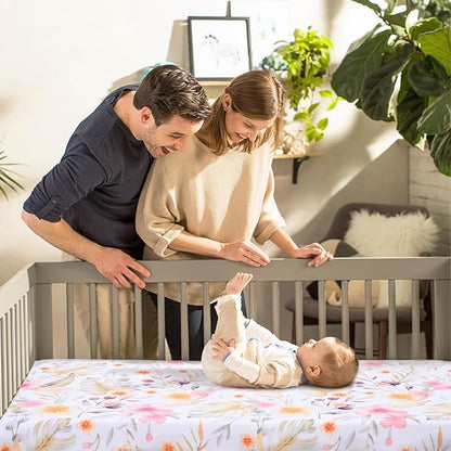 JISEN Fitted Crib Sheets 1 Piece Soft Breathable Baby Crib Sheets for Standard Crib and Toddler Mattress Baby Bed Sheets for Crib for Baby Boys Girls Neutral 28x52 Inch Flowers
