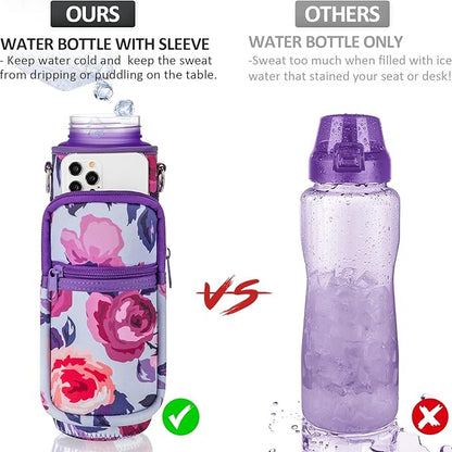 Fimibuke 32 oz Water Bottle with Sleeve - BPA Free Leakproof Sport Large 1L Plastic Motivational Water Bottle with Straw Strap & Insulated Neoprene Holder Carrier Bag Great Xmas Gift for Women Men