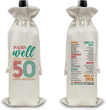 50th Birthday Gifts Wine Bag Congratulations Gifts for Women Men Parents Mom Dad Anniversary Favors 1974 Birthday Wine Gift Bag