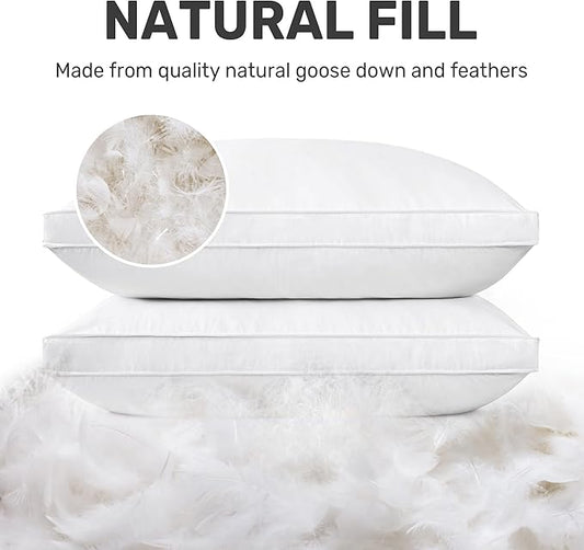 UNIKOME Goose Down Feather Pillows with 100% Cotton Cover, Gusseted Bed Hotel Collection Pillows for Sleeping, Standard Size, Set of 2