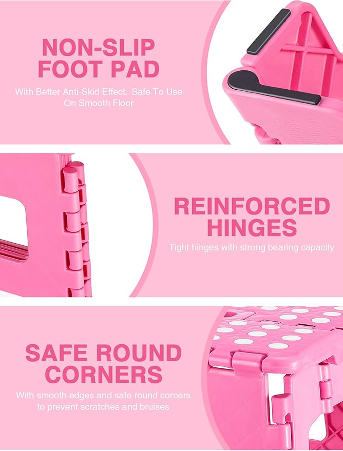 Non-Slip Folding Step Stool - 13 inch Height Heavy Duty Foldable Stool for Adults Kids, Plastic Step Stool Camping Stepping Stool - Pink