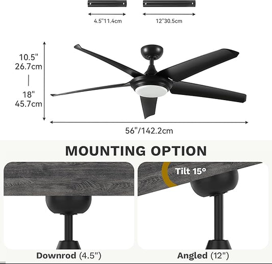 DWVO 56" Ceiling Fan with Light and Remote, Indoor Ceiling Fan Reversible Light Fixtures, 5 Blade Ceiling Fan with Memory 3 Color Temperature, 6 Speed Quiet DC Motor for Bedroom Living Room, Black