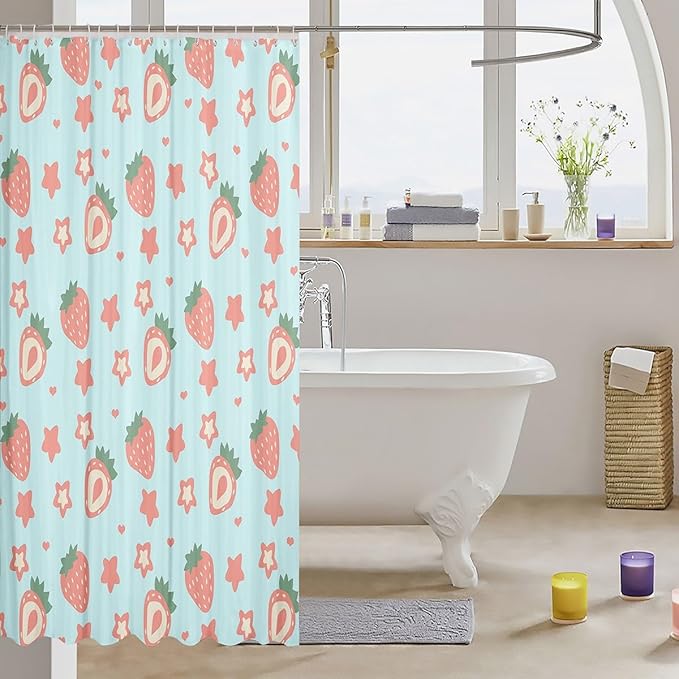 Feelyou Green Strawberry Bathroom Waterproof Accessories with 12 Hooks Kawaii Fruit Fabric Shower Curtain for Kids Boys Girls Cute Stars Strawberry Shower Curtain Kawaii Lovely Curtains,72x78 Inches