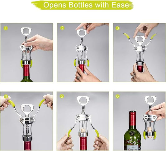 Wine Opener, Zinc Alloy Premium Wing Corkscrew Wine Bottle Opener with Multifunctional Bottles Opener, Sharp Corkscrew with Ergonomic Non-slip Wing Handle, Upgrade Green