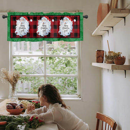 Merry Christmas Y'all Kitchen Curtains Valances for Windows Xmas Santa Claus Rod Pocket Window Treatment for Kitchen/Living Room/Bedroom/Bathroom,42" X 18" -1 Panel, Red Buffalo Plaid