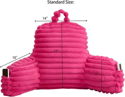Faux Fur Fluffy Hot Pink Reading Pillow with Pockets, Luxury Striped Plush Decorative, Arm Rests and Back Surport for Bed Rest, Lounging on sofa, Standard