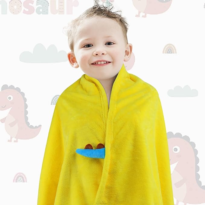 Kids Beach Towels Cute 3D Embroidery Dinosaur Super Absorbent Warm Coral Fleece Blanket Pool Bath Towel Wrap for Boys Girls, Measures 53.5 x 29.3 Inches