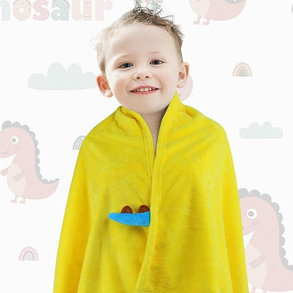 Kids Beach Towels Cute 3D Embroidery Dinosaur Super Absorbent Warm Coral Fleece Blanket Pool Bath Towel Wrap for Boys Girls, Measures 53.5 x 29.3 Inches