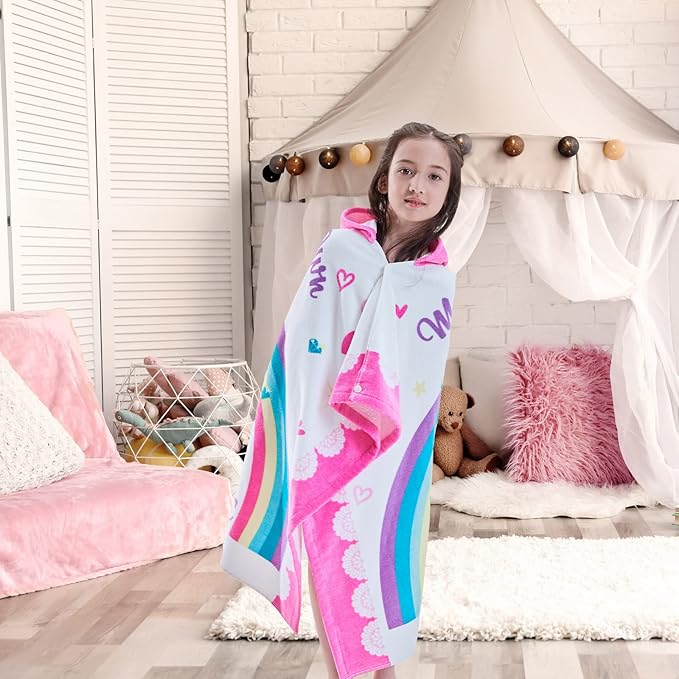 VOOVA & MOVAS Kids Towels with Hood Age 3-10, Soft | Thick | 100% Cotton | Absorbent | Large Wrap| Cover Up, Perfect for Beach, Pool, Bath, Swim, White Magic Unicorn