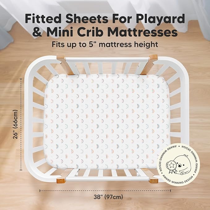 Pack and Play Sheets Fitted, 2-Pack Mini Crib Sheets - Pack N Play Sheets, Organic Fitted Crib Sheet for Pack and Play Mattress, Playard Baby Crib Sheets, Crib Sheets Neutral for Boys (Jolly Rainbow)