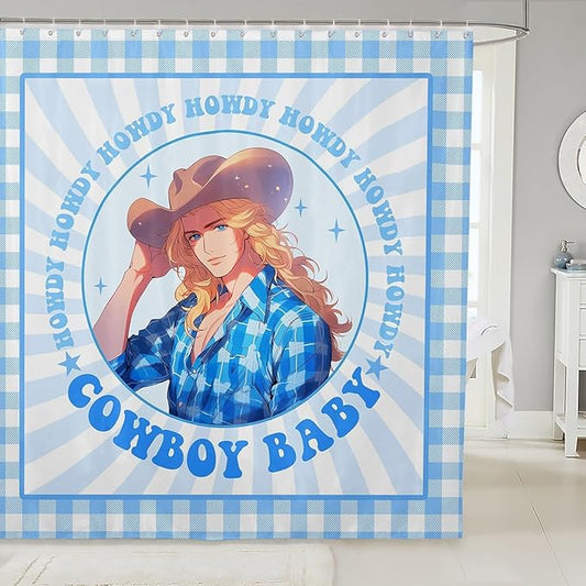 Manfei Western Cowboy Kids Shower Curtains,Cowboy Hat Rustic Farmhouse Bathroom Curtains for Boys Men,Geometric Grids Patchwork Stylish Blue Cartoon Waterproof Curtains,12 Hooks Suits,72" W x 72" L