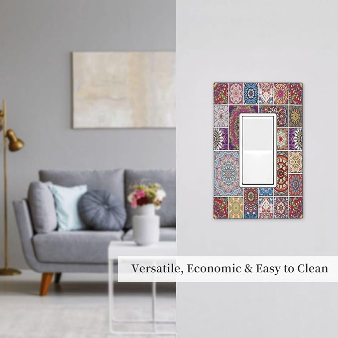 Morocco Talavera Mexican Tiles Printed Colroful Mandala 1 Gang Rocker Light Switch Covers Single Decora Outlet Wall Plate Decorative Switchplate Faceplate GFCI for Kitchen Bathroom Bedroom Decor