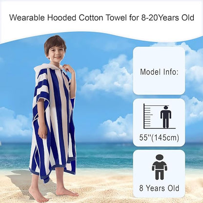 VOOVA & MOVAS Big Kids Hooded Towel Poncho | 8-16Years | Large, Soft, Absorbent Cotton Towel Robe | Versatile for Pool, Swim,Beach and Bathroom | Gem Blue Cabana Stripe
