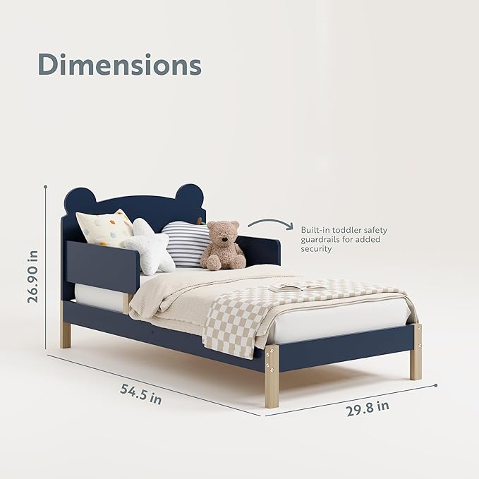 Storkcraft Teddy Bear Toddler Bed (Midnight Blue with Driftwood) - GREENGUARD Gold Certified, includes Toddler Safety Guardrails, Fits Standard Crib & Toddler Mattress, Stylish 2-Tone Design