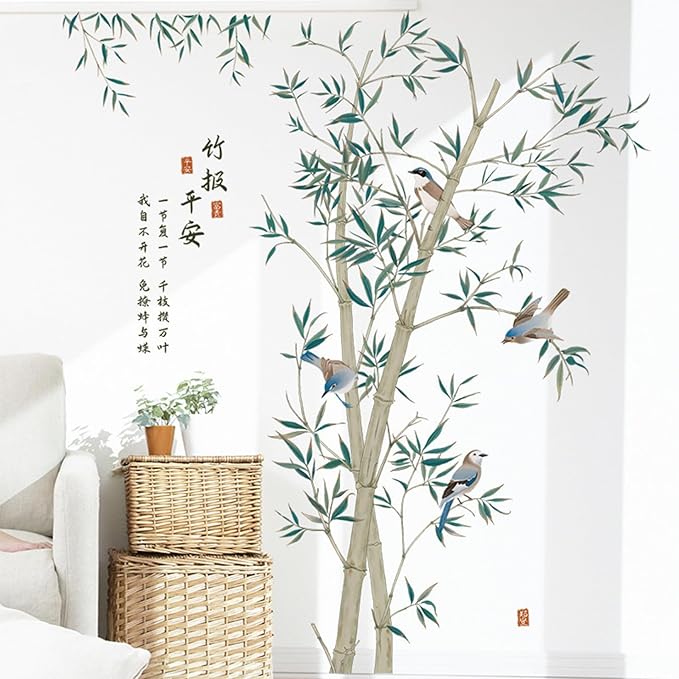 Large Bamboo Wall Stickers, Removable DIY Green Plants Flying Birds Wall Murals Peel and Stick 3D Wall Art Stickers Home Decor for Gilrs Bedroom Nursery Rooms Living Room