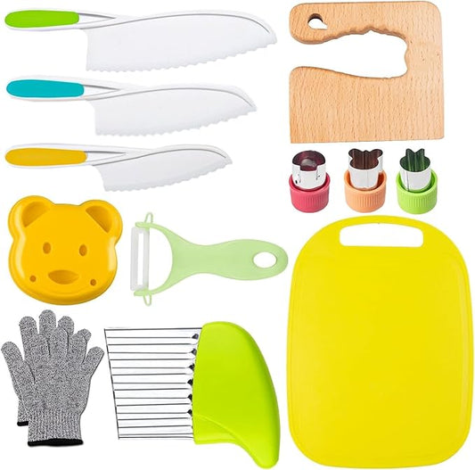 Leking 13 Pcs Wooden Kids Kitchen Knife, Kids Knife Set with Gloves Cutting Board Bear Sandwich Cutter Fruit Vegetable Cutters Serrated Edges Plastic Knifes for Real Cooking Kid Safe Knives