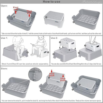 BlueSnail Double up Step Stool for Kids, Anti-Slip Sturdy Toddler Two Step Stool for Bathroom,Kitchen and Toilet Potty Training(Gray)