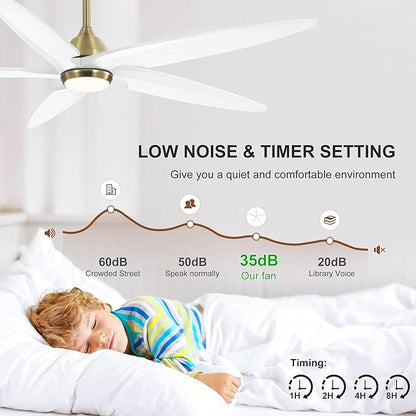 64 Inch Modern Ceiling Fan with Lights and Remote, 5 Wood Blades, 6-Speed Noiseless Reversible DC Motor with Replaceable Downrods for Bedroom Living Room Dining Room, Gold and White