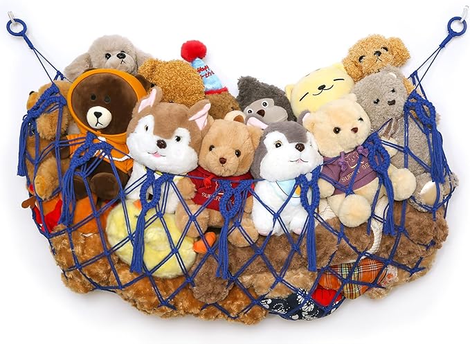 Stuffed Animal Net or Hammock Wall Macrame Toy Display Plush Toy Holder Ceiling Hanging Net for Stuffed Animal Storage (Blue, Small)