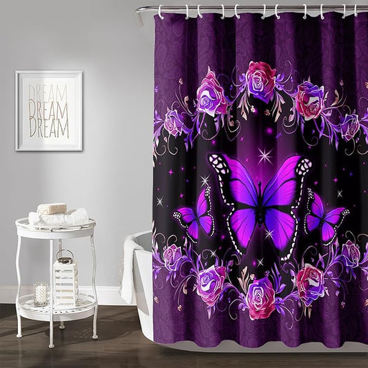 AILONEN Girls Butterfly Shower Curtain for Bathroom, Purple Rose Floral Butterfly Bathroom Curtain,Flying Butterfly Bath Curtain 60" W*72" H Polyester Waterproof Bathroom Curtain with 12 Hooks