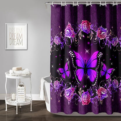 AILONEN Girls Butterfly Shower Curtain for Bathroom, Purple Rose Floral Butterfly Bathroom Curtain,Flying Butterfly Bath Curtain 36" W*72" H Polyester Waterproof Bathroom Curtain with 12 Hooks