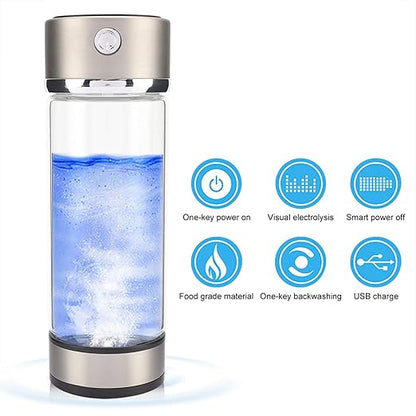 Hydrogen Water Bottle, Portable Hydrogen Rich Water Cup, USB Charging Rich Hydrogen Water Purifier Filter Glass Bottle Portable Lonizer Cup, Hydrogen Rich Water Glass Health Cup (Silvery)