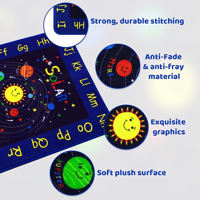 Kids Rug 4x4 Round Rug Solar System Pattern Nursery Rug Baby Soft Area Rug Non Shedding Carpet for Babyroom Play Room Non Slip Educational Rug Galaxy Outer Space Playmat, Blue Round 4'x4'