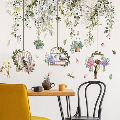 Vine Bird Wall Decals Green Plant Birdcage Wall Stickers Birds and Hanging Birdcage Wall Decor for Kids Girls Baby Boys Bedroom Living Room Bathroom Playroom Classroom Nursery Decoration