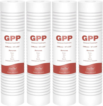 SimPure Grooved Sediment Water Filter Cartridge, 5 Micron Whole House Water Filter Universal Replacement 10"x2.5" for 10 inch RO Unit, Whole House Under-Sink Filtration System (4 Pack)