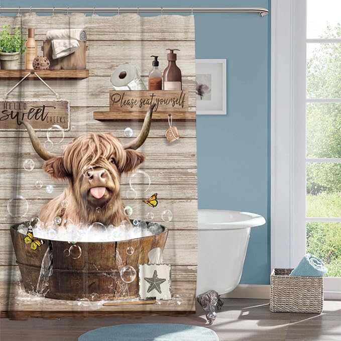 Farmhouse Highland Cow Shower Curtain Funny Western Farm Animal Bull Shower Curtains for Bathroom Decor Waterproof Polyester Fabric Country Cattle Bathroom Curtain with Hooks 66x72 Inch