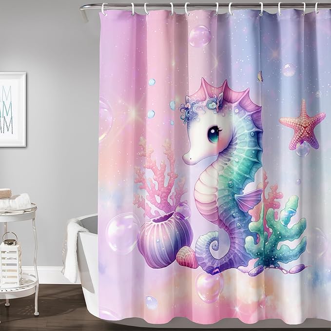 AILONEN Cute Seahorse Shower Curtain for Kids Girls,Rainbow Seahorse Bath Curtain,Ocean Coral Starfish Kawaii Shower Curtain Waterproof for Bathroom Decor with 12 Plastic Hooks, 72" W*84" H