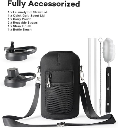 64 oz Insulated Water Bottle with Straw and Lid, Half Gallon Stainless Steel Cup with Handle,Leakproof Metal Travel Jug Flask Mug Tumbler Cup With Carry Pouch and Brush,Keep Cold & Hot,Grey