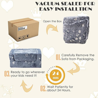 Kids Sofa Couch 3-in-1 Modular Toddler Couch Glowing Grey Baby Couch Foam Armchair for Boys & Girls Children Convertible Sofa to Lounger Plush Fold Out Sofa Play Set with One Ottoman, One Seat