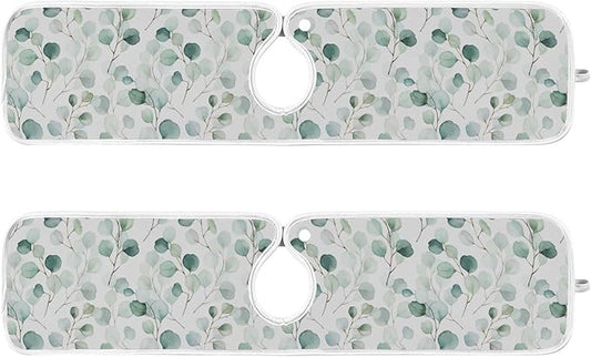Kitchen Faucet Absorbent Mat,Flower Green Leaves Water Splash Guard for Sink, Faucet Drip Catcher Thicken Sponge Microfiber Faucet Water Catcher Mat Sink Absorbent Mat for Kitchen 14x5in 2 Pack