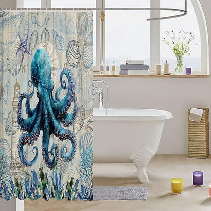 Feelyou Octopus Fabric Shower Curtain Sea Themed Shower Curtain for Kids Boys Girls Shells and Corals Bathroom Waterproof Accessories with 12 Hooks Blue and Brown Curtains,72X72 Inches